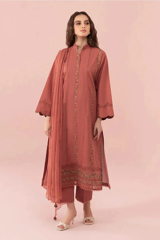 Suitlo's unstitched outfit, showcasing fine Pakistani craftsmanship with detailed embroidery and a royal touch. The Degital Printed dupatta with floral prints blends tradition and modern style kapra. Shop online for this timeless and graceful ensemble, perfect for Eid.